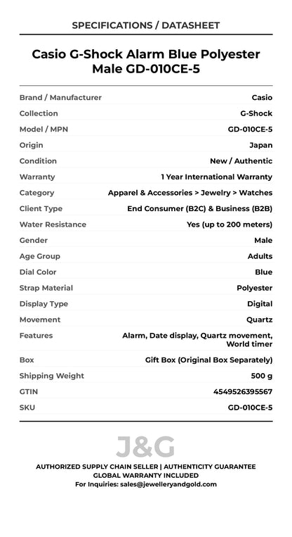 Casio G-Shock Alarm Blue Polyester Male GD-010CE-5 - Specifications