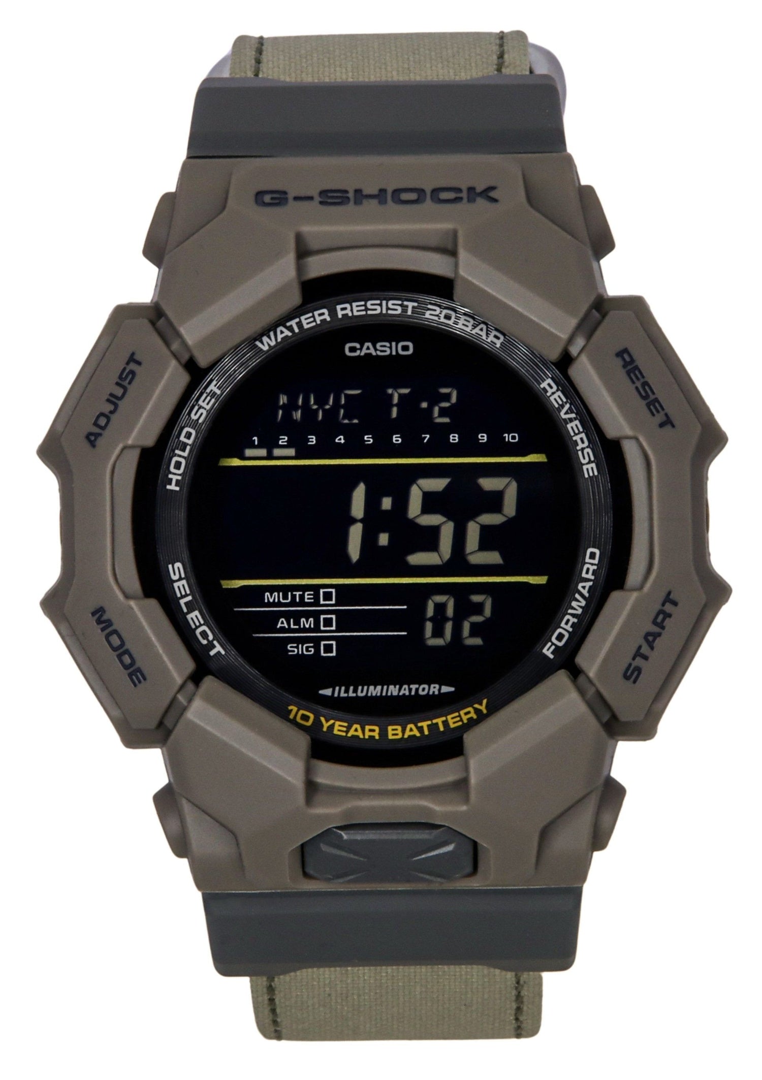 Casio G-Shock Alarm Blue Polyester Male GD-010CE-5. A brand-new Casio G-Shock watch featuring a Blue dial and a Polyester strap. Front view.