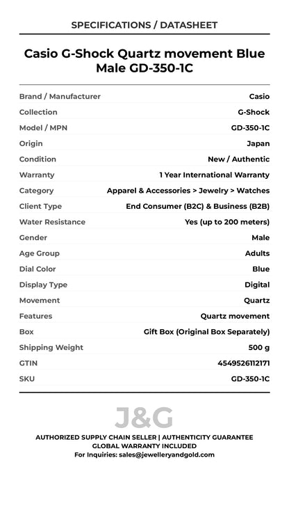 Casio G-Shock Quartz movement Blue Male GD-350-1C - Specifications