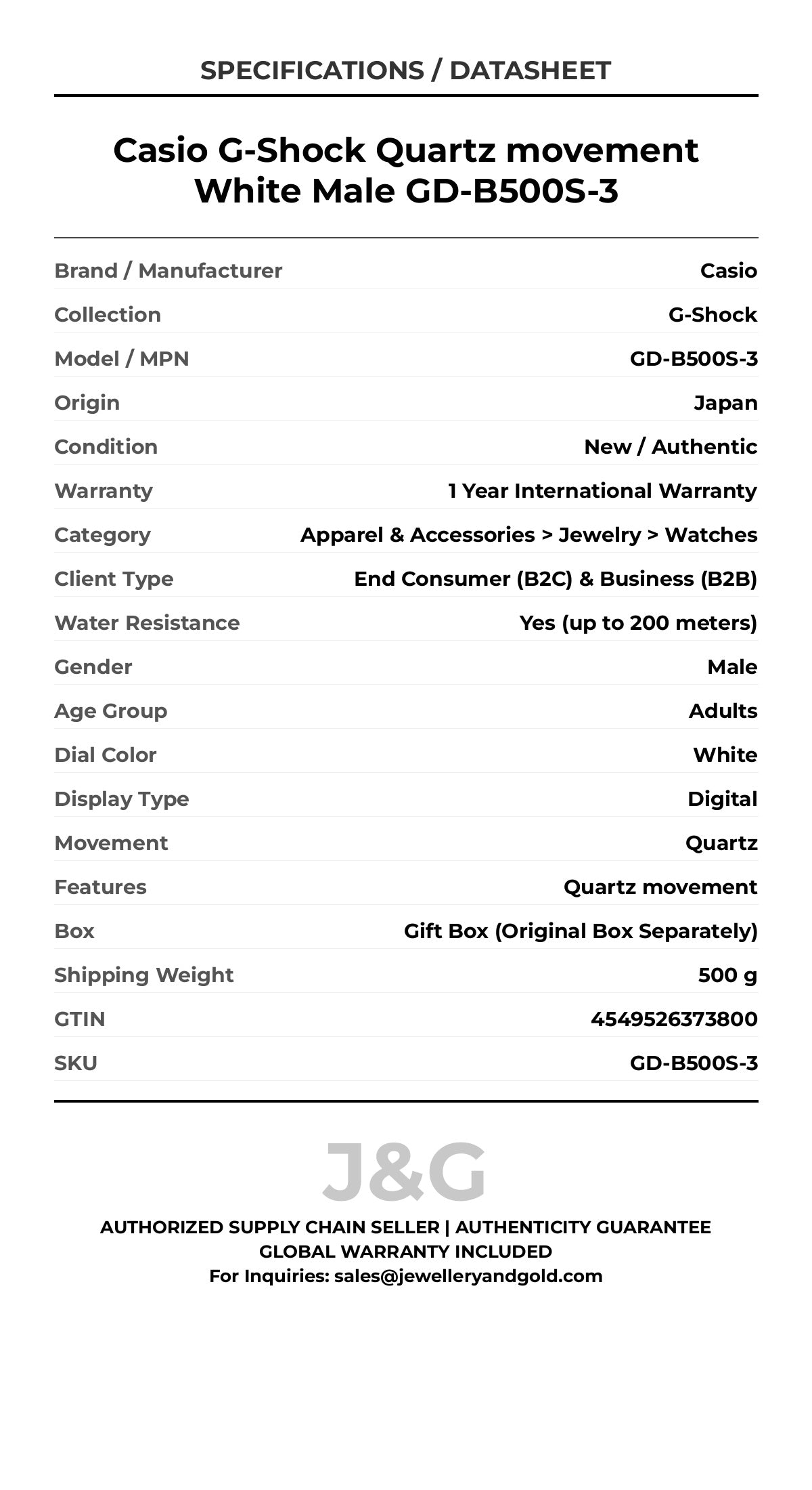 Casio G-Shock Quartz movement White Male GD-B500S-3 - Specifications