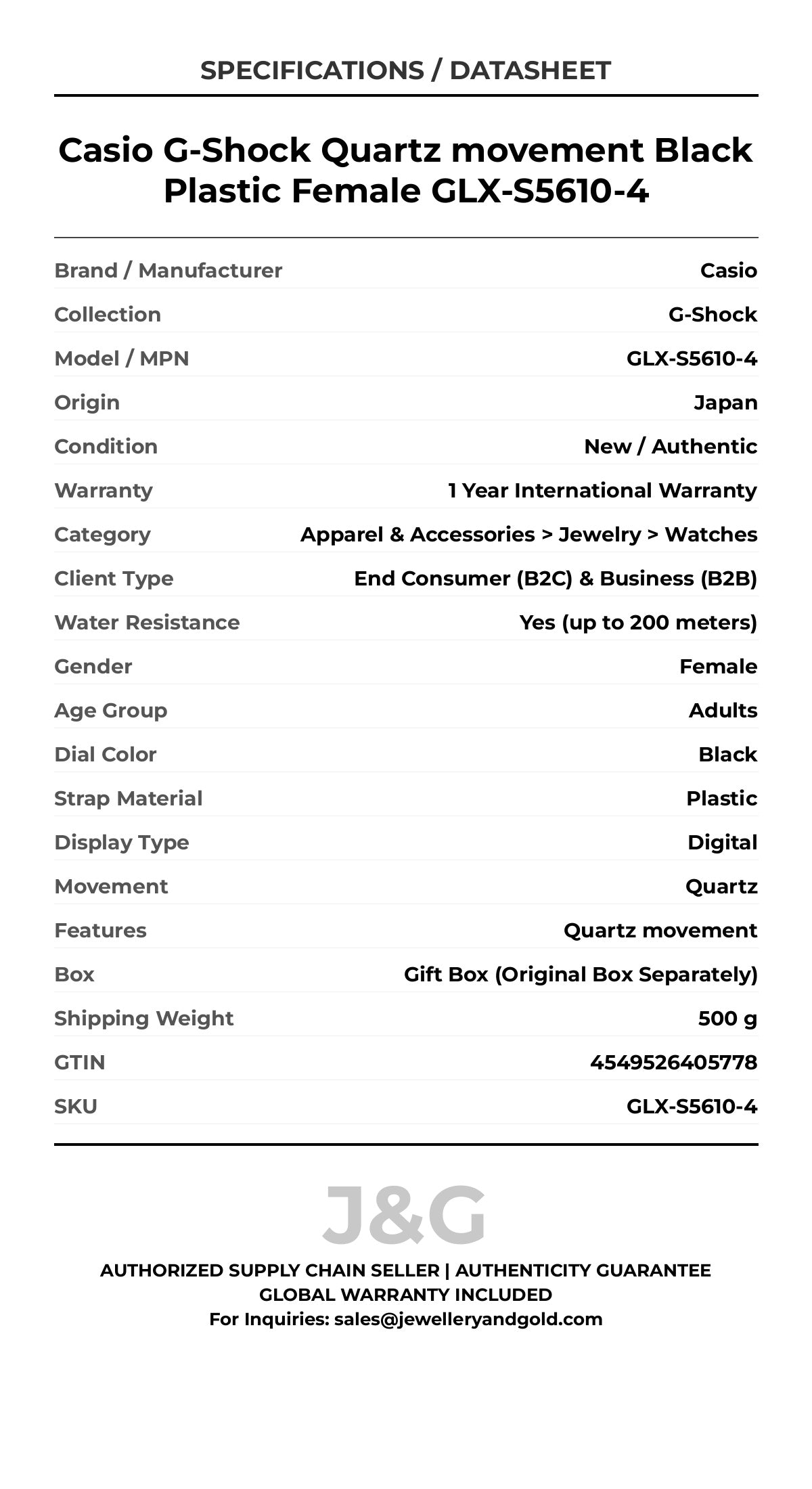 Casio G-Shock Quartz movement Black Plastic Female GLX-S5610-4 - Specifications