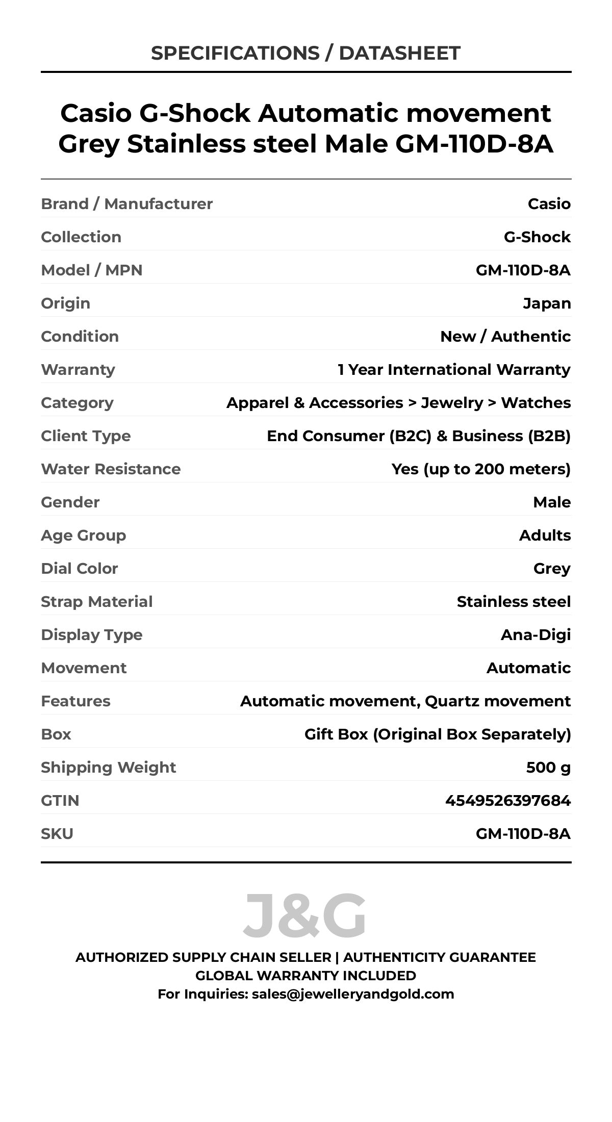 Casio G-Shock Automatic movement Grey Stainless steel Male GM-110D-8A - Specifications