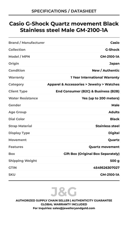 Casio G-Shock Quartz movement Black Stainless steel Male GM-2100-1A - Specifications