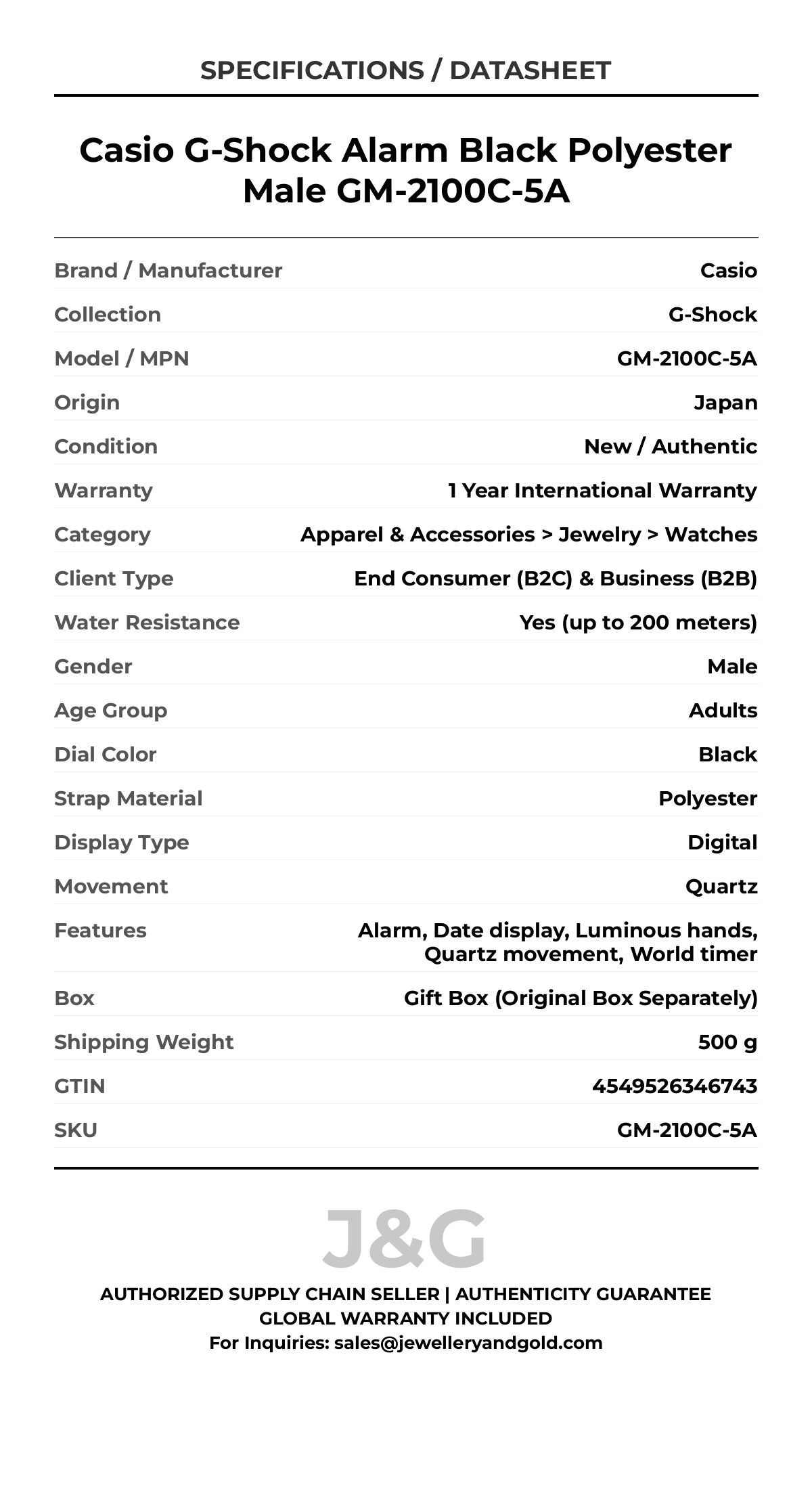 Casio G-Shock Alarm Black Polyester Male GM-2100C-5A - Specifications
