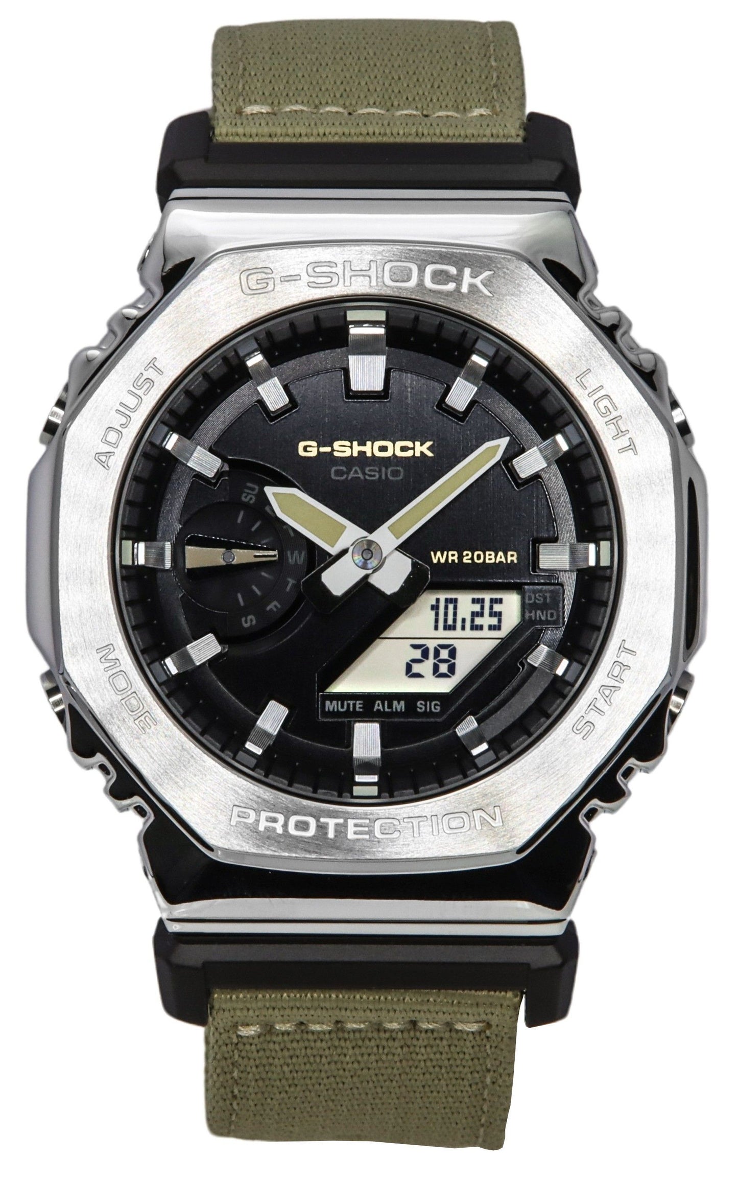 Casio G-Shock Alarm Black Polyester Male GM-2100C-5A. A brand-new Casio G-Shock watch featuring a Black dial and a Polyester strap. Angled view.