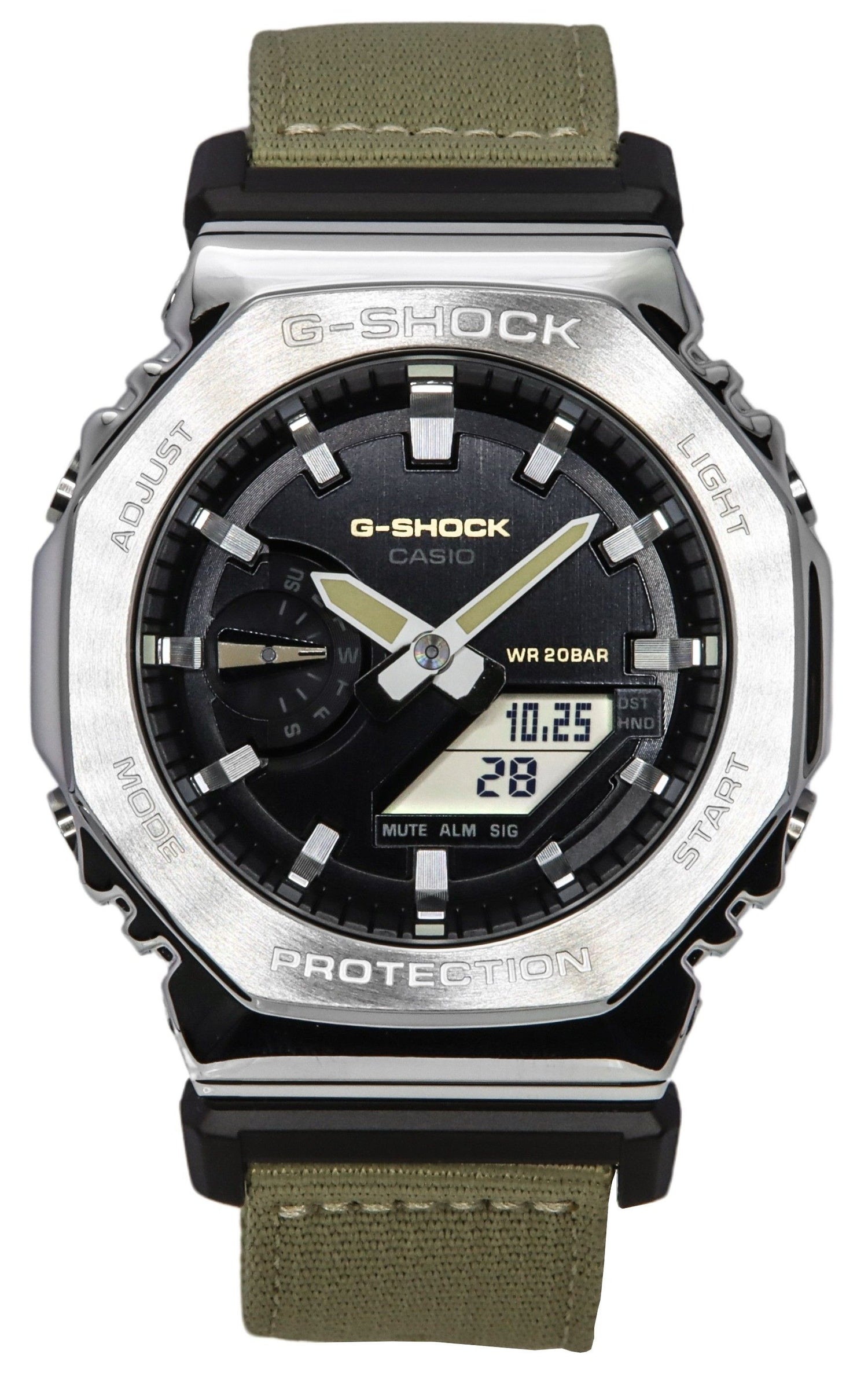 Casio G-Shock Alarm Black Polyester Male GM-2100C-5A. A brand-new Casio G-Shock watch featuring a Black dial and a Polyester strap. Angled view.