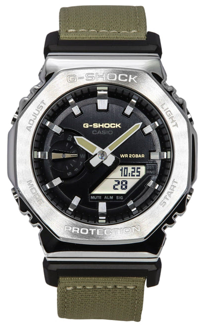 Casio G-Shock Alarm Black Polyester Male GM-2100C-5A. A brand-new Casio G-Shock watch featuring a Black dial and a Polyester strap. Angled view.