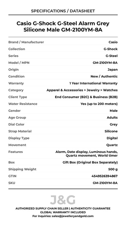 Casio G-Shock G-Steel Alarm Grey Silicone Male GM-2100YM-8A - Specifications