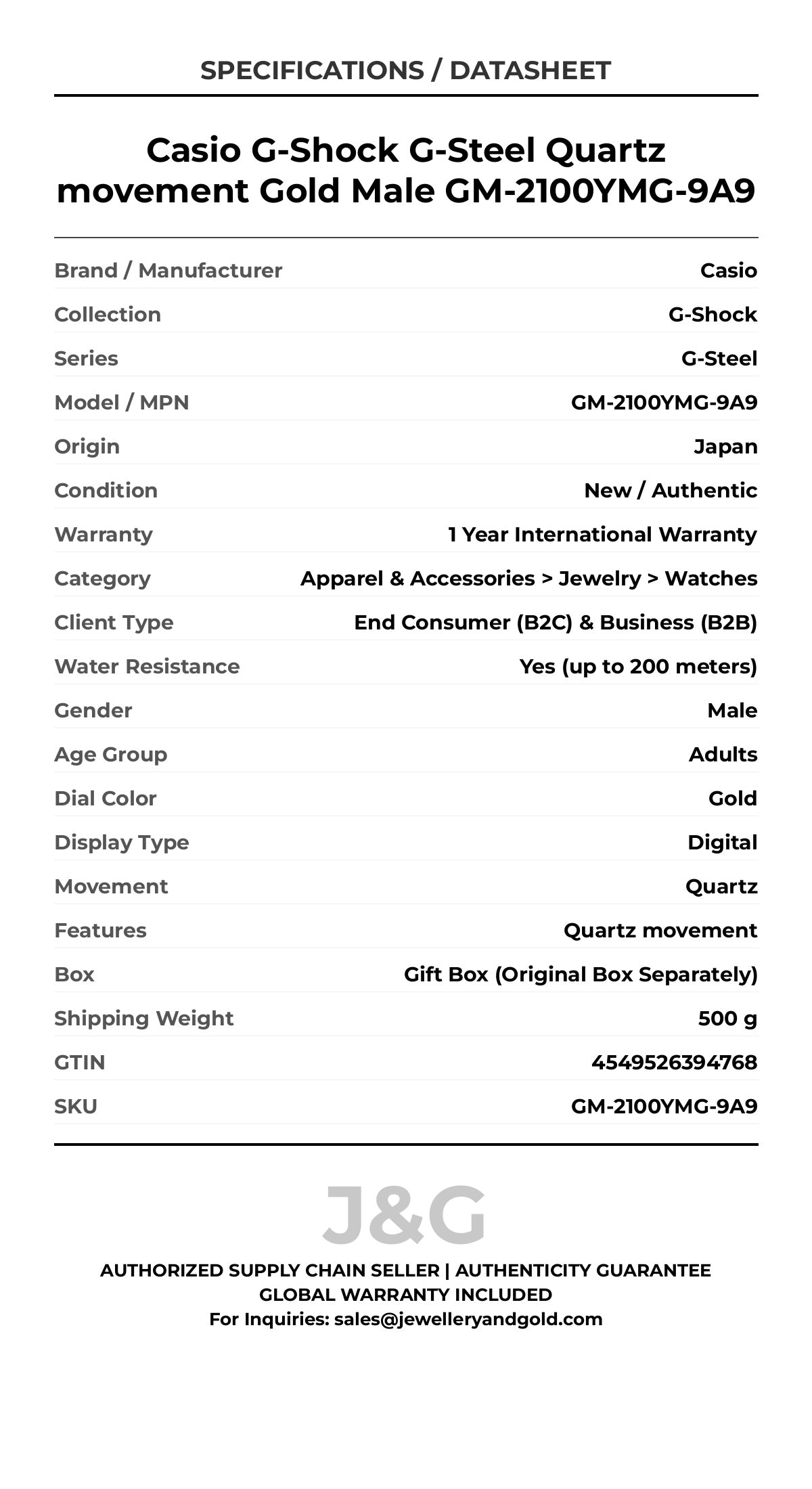 Casio G-Shock G-Steel Quartz movement Gold Male GM-2100YMG-9A9 - Specifications