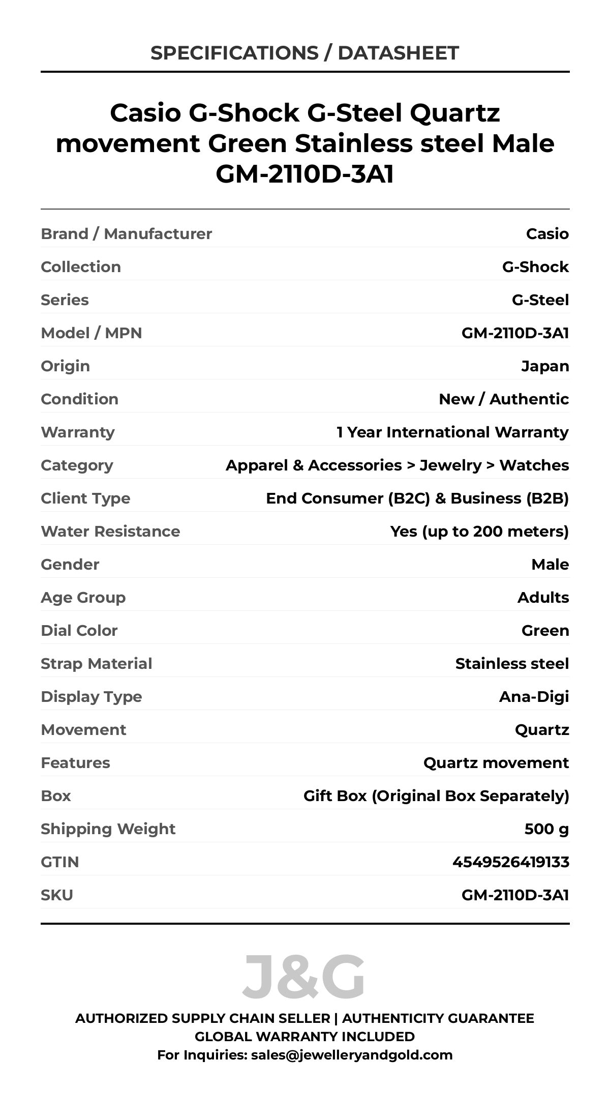 Casio G-Shock G-Steel Quartz movement Green Stainless steel Male GM-2110D-3A1 - Specifications