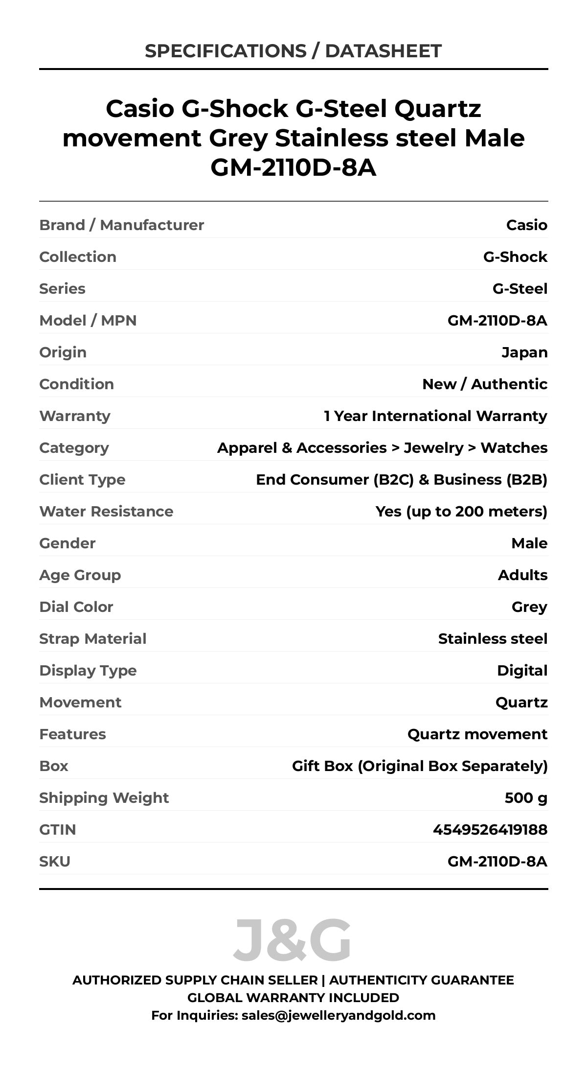 Casio G-Shock G-Steel Quartz movement Grey Stainless steel Male GM-2110D-8A - Specifications