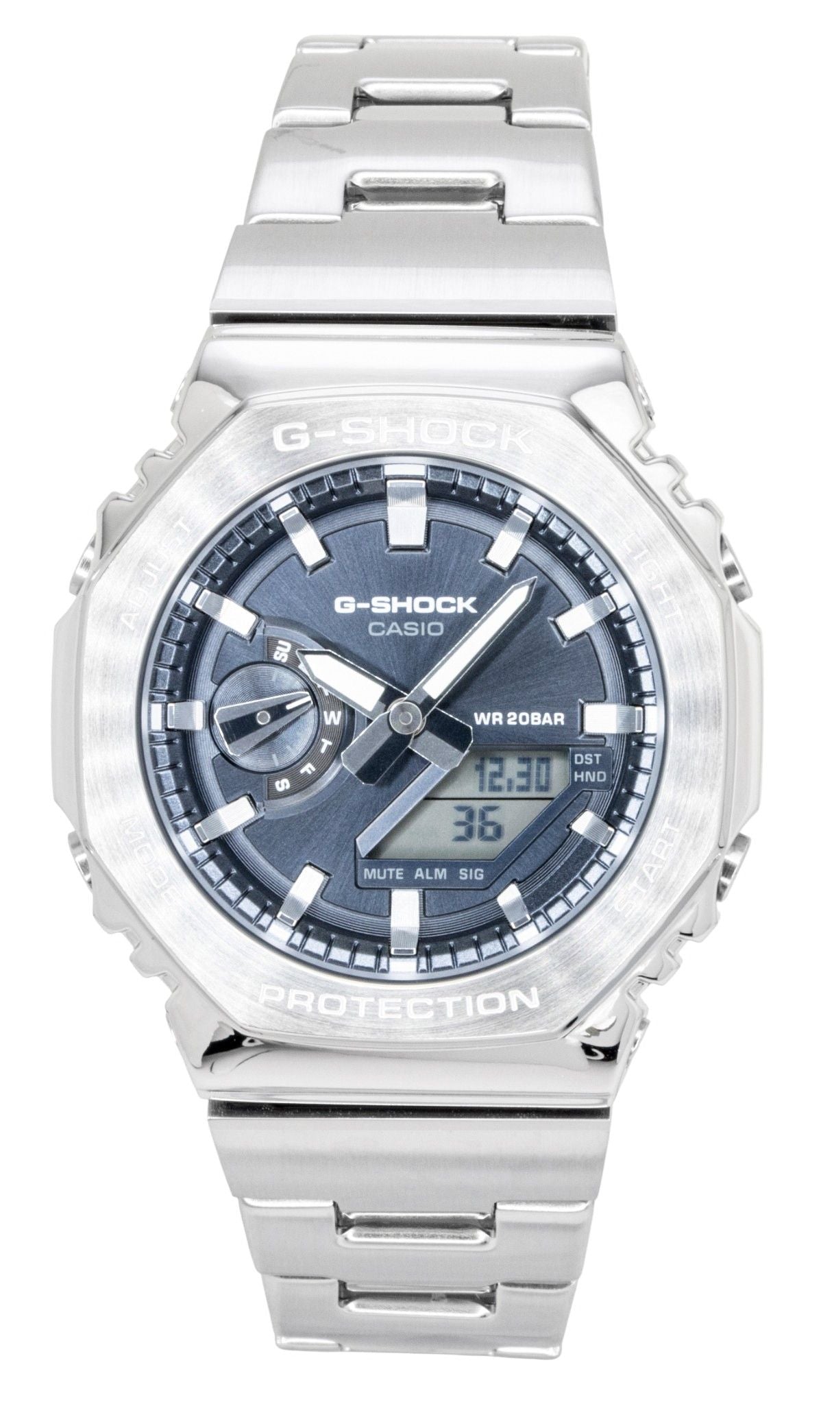 Casio G-Shock G-Steel Quartz movement Grey Stainless steel Male GM-2110D-8A. A brand-new Casio G-Shock watch featuring a Grey dial and a Stainless steel strap. Angled view.