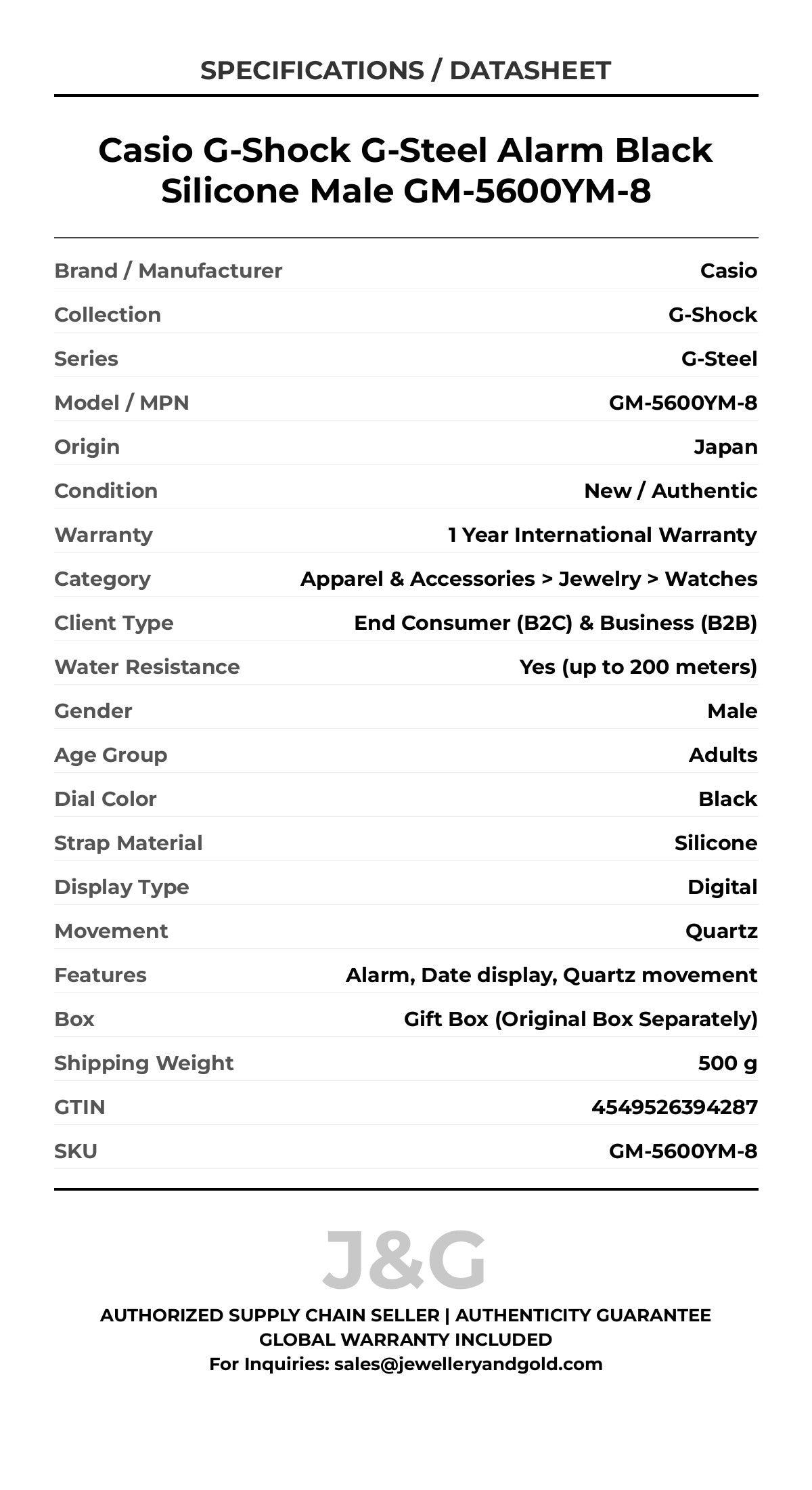 Casio G-Shock G-Steel Alarm Black Silicone Male GM-5600YM-8 - Specifications