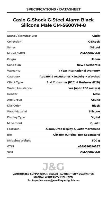Casio G-Shock G-Steel Alarm Black Silicone Male GM-5600YM-8 - Specifications