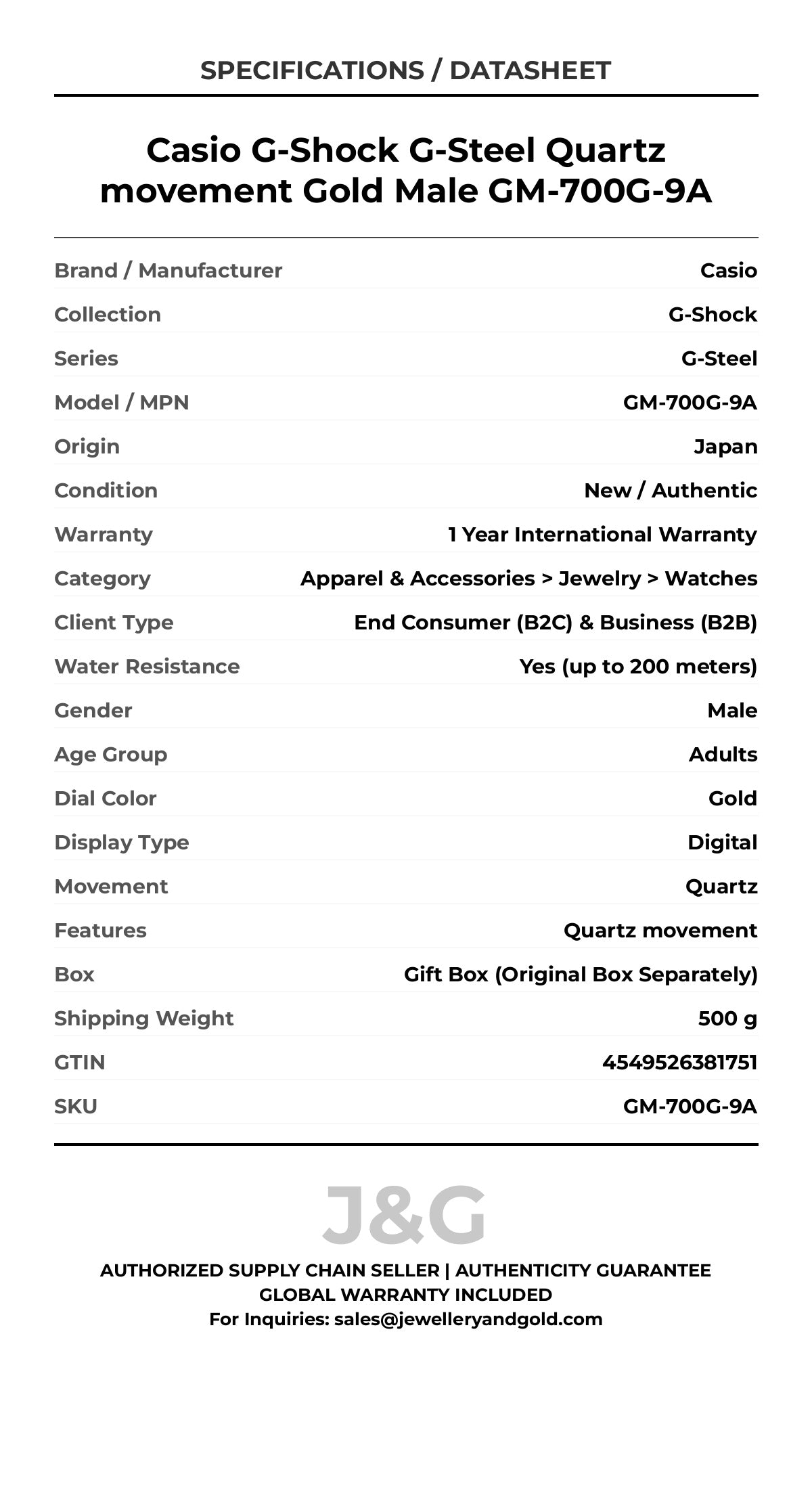 Casio G-Shock G-Steel Quartz movement Gold Male GM-700G-9A - Specifications