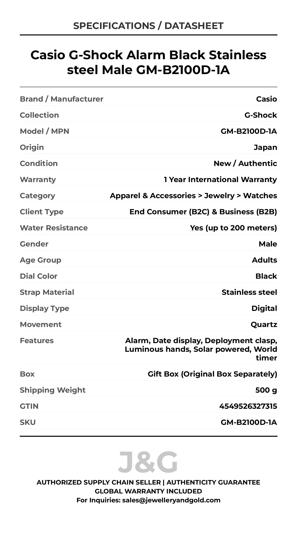 Casio G-Shock Alarm Black Stainless steel Male GM-B2100D-1A - Specifications