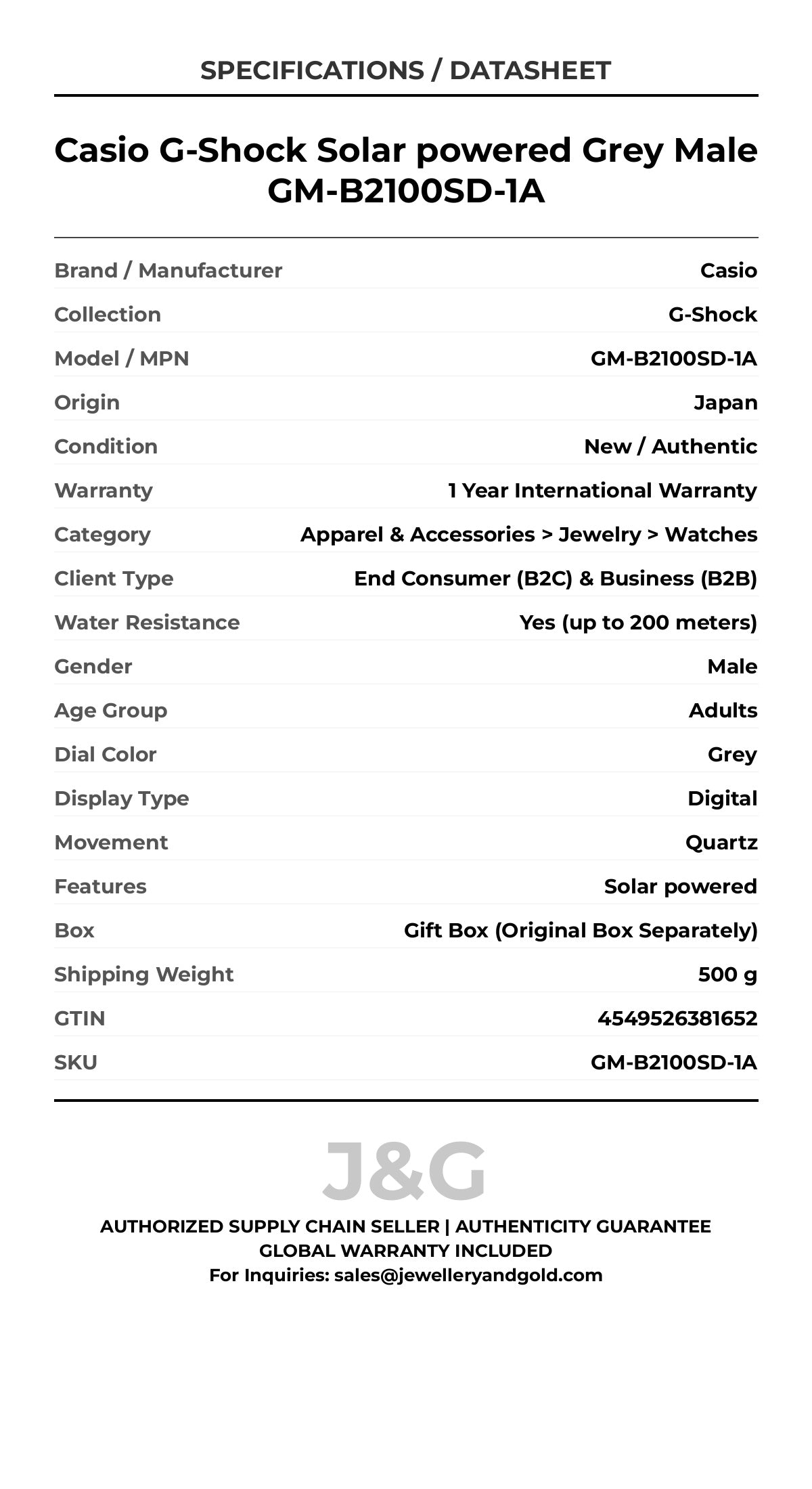 Casio G-Shock Solar powered Grey Male GM-B2100SD-1A - Specifications