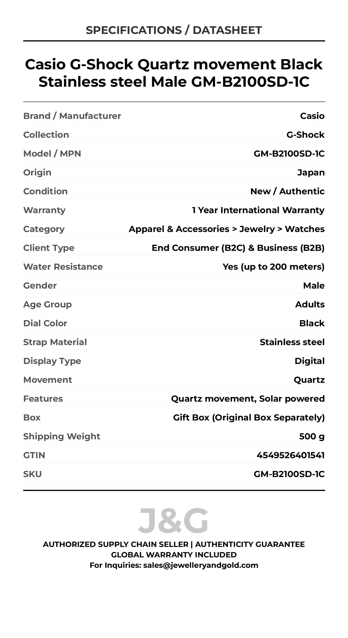 Casio G-Shock Quartz movement Black Stainless steel Male GM-B2100SD-1C - Specifications