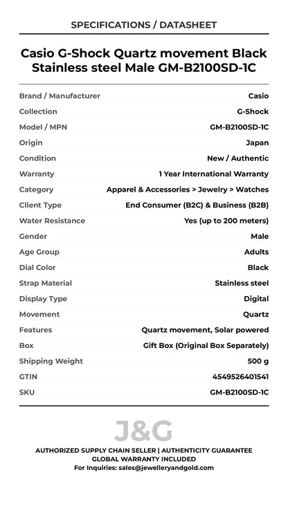 Casio G-Shock Quartz movement Black Stainless steel Male GM-B2100SD-1C - Specifications