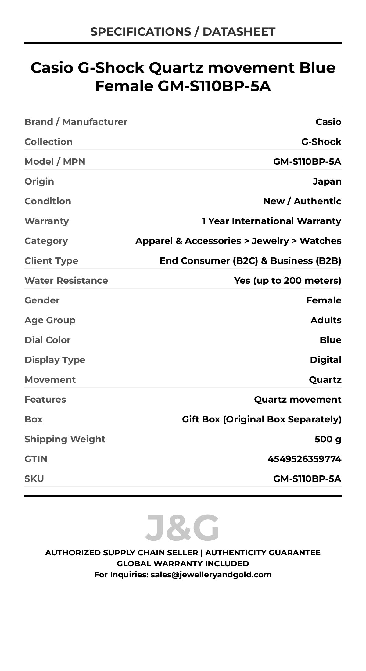 Casio G-Shock Quartz movement Blue Female GM-S110BP-5A - Specifications