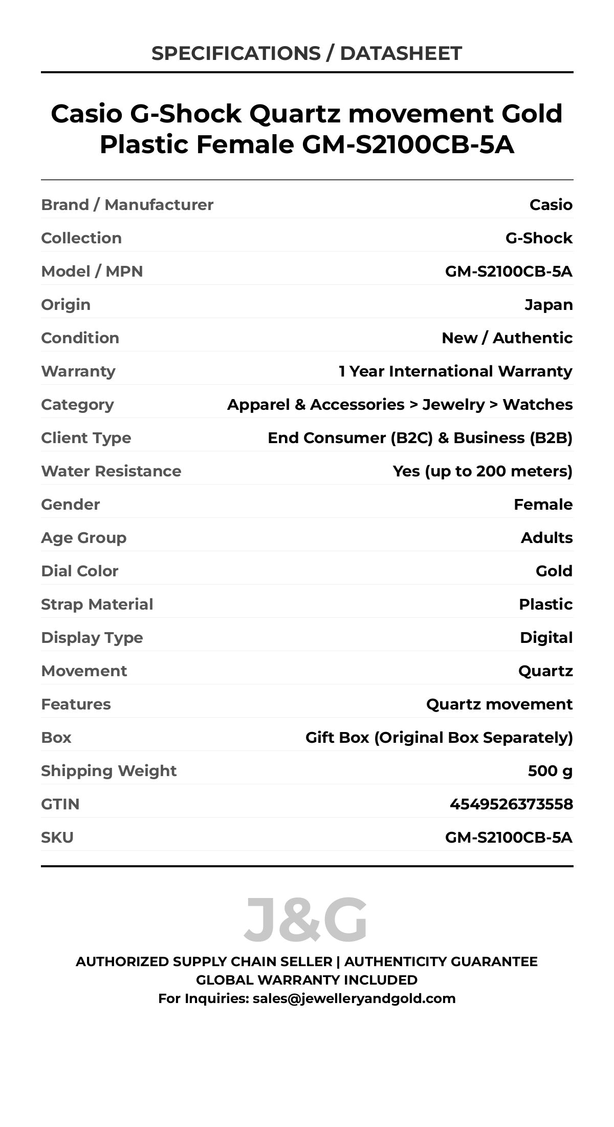 Casio G-Shock Quartz movement Gold Plastic Female GM-S2100CB-5A - Specifications