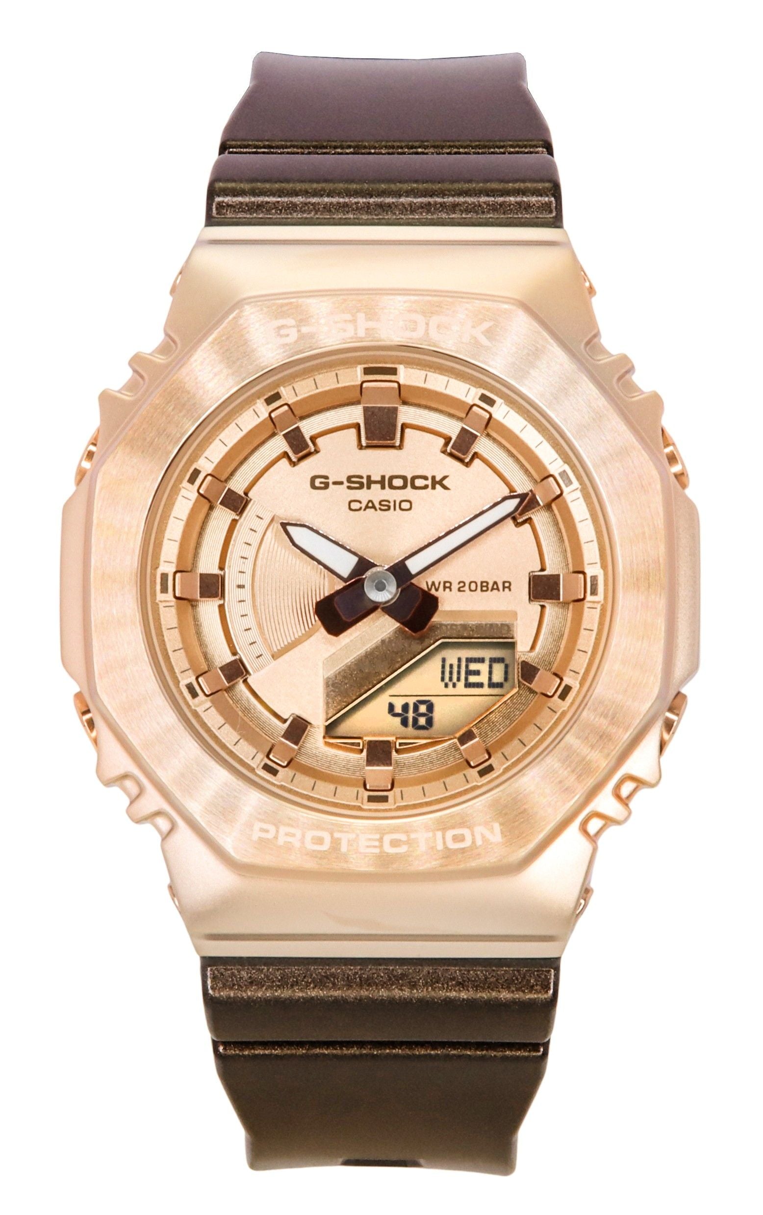 Casio G-Shock Quartz movement Gold Plastic Female GM-S2100CB-5A. A brand-new Casio G-Shock watch featuring a Gold dial and a Plastic strap. Side view.