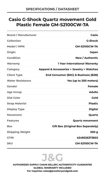 Casio G-Shock Quartz movement Gold Plastic Female GM-S2100CW-7A - Specifications