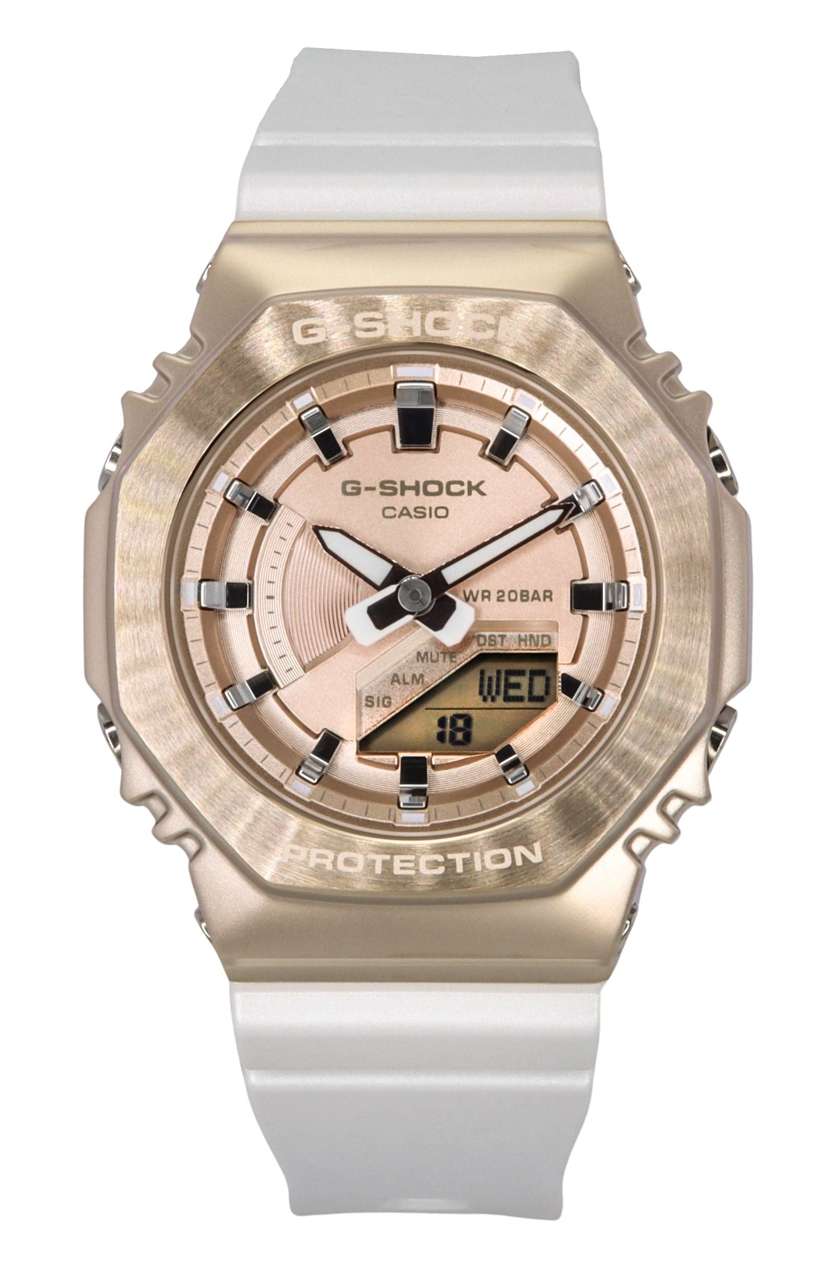 Casio G-Shock Quartz movement Gold Plastic Female GM-S2100CW-7A. A brand-new Casio G-Shock watch featuring a Gold dial and a Plastic strap. Front view.