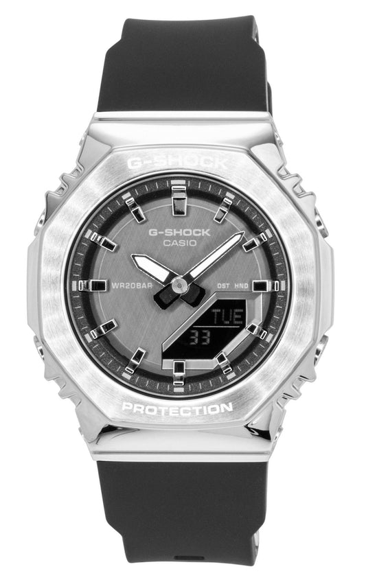 Casio G-Shock Quartz movement Black Plastic Female GM-S2110-1A1. A brand-new Casio G-Shock watch featuring a Black dial and a Plastic strap. Angled view.