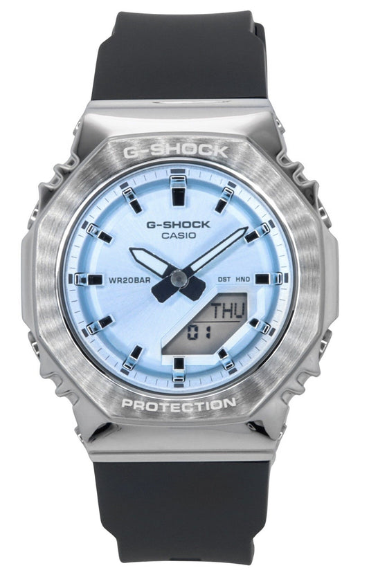 Casio G-Shock Quartz movement Blue Plastic Female GM-S2110-2A. A brand-new Casio G-Shock watch featuring a Blue dial and a Plastic strap. Angled view.