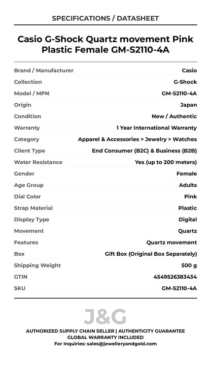 Casio G-Shock Quartz movement Pink Plastic Female GM-S2110-4A - Specifications