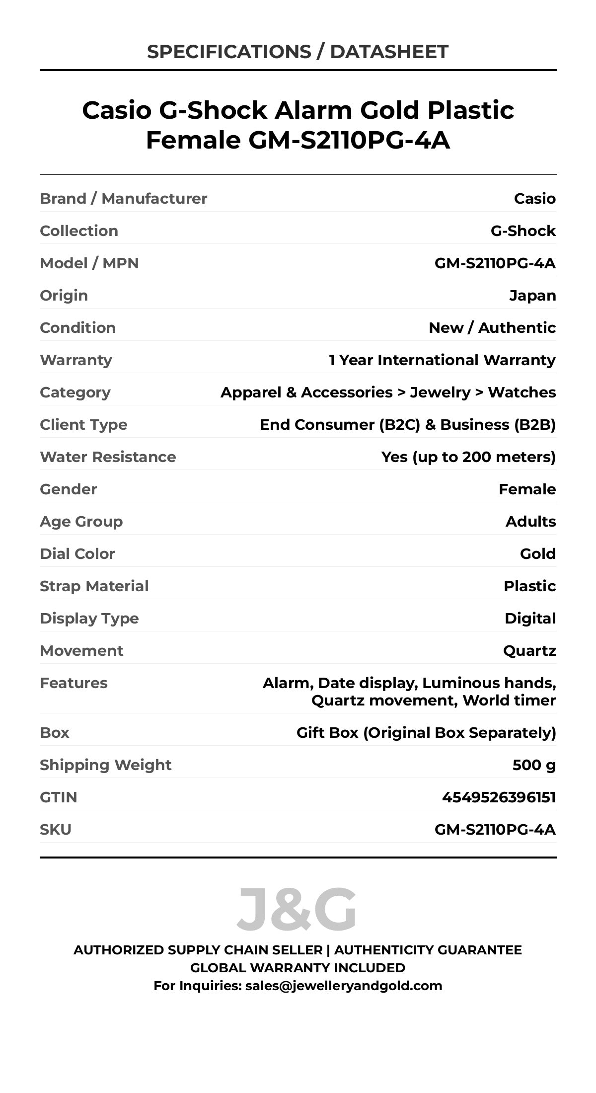 Casio G-Shock Alarm Gold Plastic Female GM-S2110PG-4A - Specifications