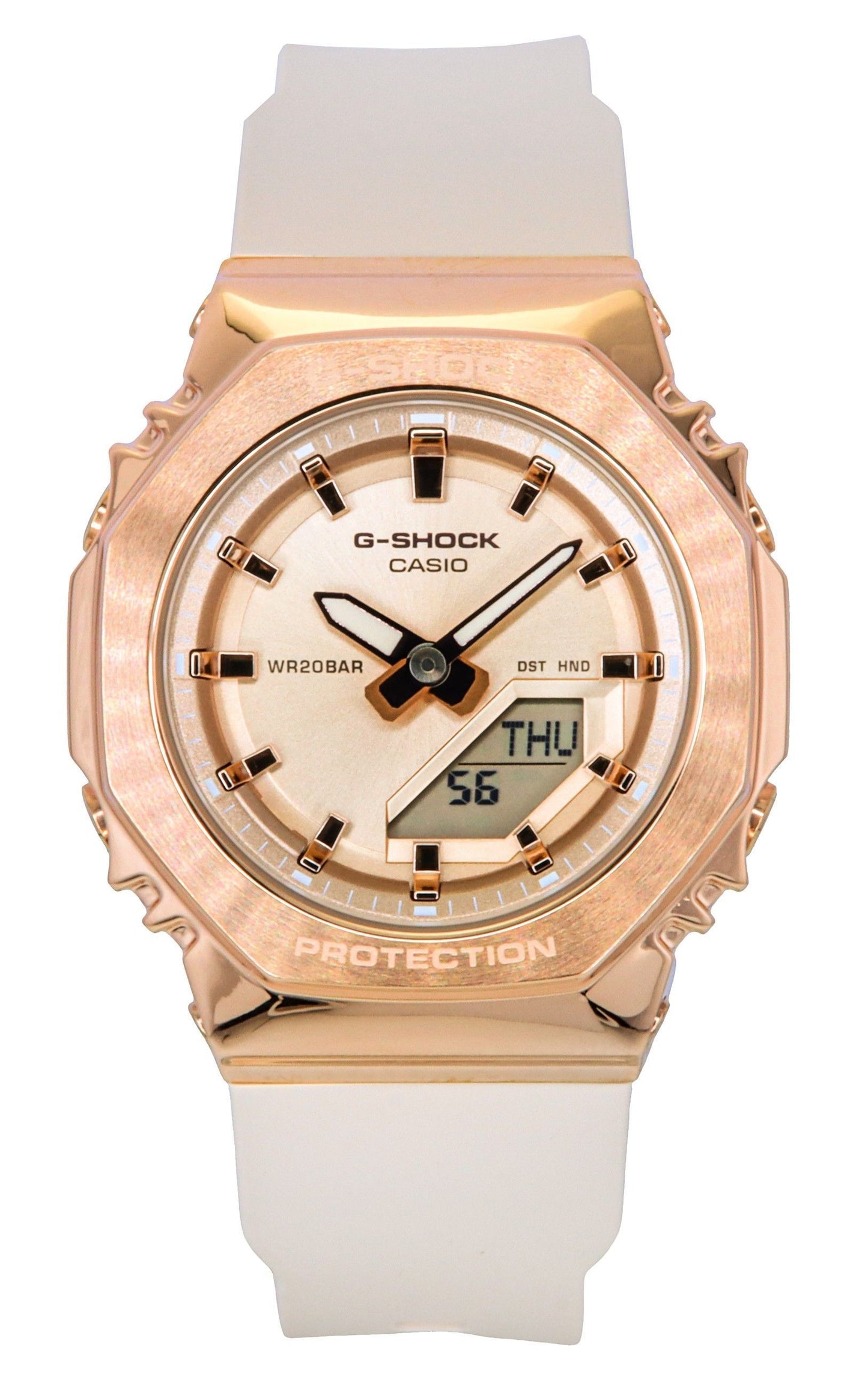 Casio G-Shock Alarm Gold Plastic Female GM-S2110PG-4A. A brand-new Casio G-Shock watch featuring a Gold dial and a Plastic strap. Angled view.