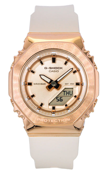 Casio G-Shock Alarm Gold Plastic Female GM-S2110PG-4A. A brand-new Casio G-Shock watch featuring a Gold dial and a Plastic strap. Angled view.