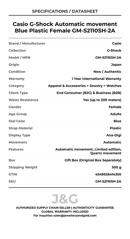 Casio G-Shock Automatic movement Blue Plastic Female GM-S2110SH-2A - Specifications