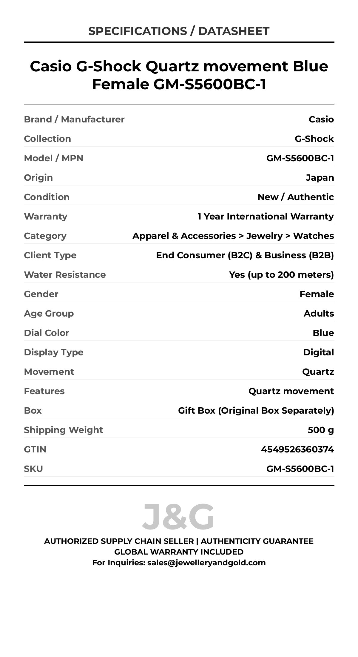 Casio G-Shock Quartz movement Blue Female GM-S5600BC-1 - Specifications