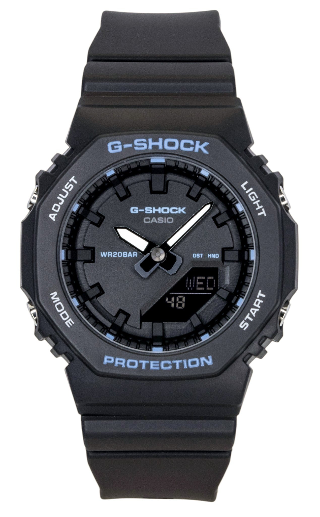 Casio G-Shock Quartz movement Black Plastic Female GMA-P2100BA-1A. A brand-new Casio G-Shock watch featuring a Black dial and a Plastic strap. Side view.
