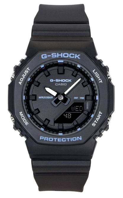 Casio G-Shock Quartz movement Black Plastic Female GMA-P2100BA-1A. A brand-new Casio G-Shock watch featuring a Black dial and a Plastic strap. Side view.