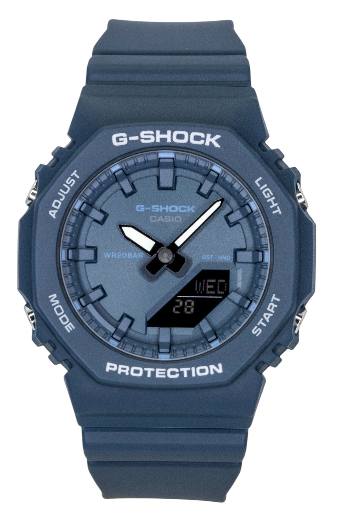 Casio G-Shock Quartz movement Blue Plastic Female GMA-P2100BA-2A. A brand-new Casio G-Shock watch featuring a Blue dial and a Plastic strap. Angled view.