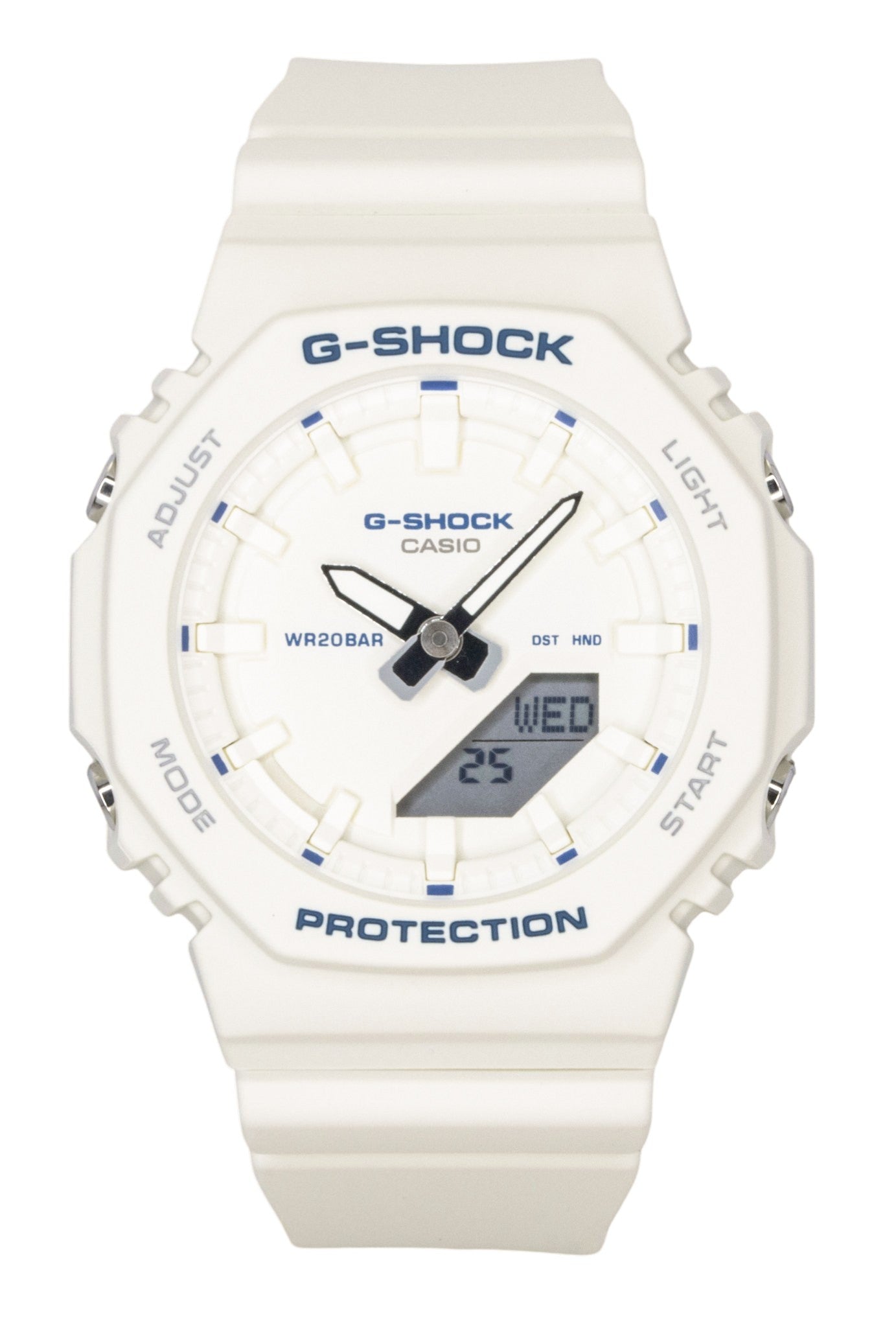 Casio G-Shock Quartz movement Ivory Plastic Male GMA-P2100BA-7A. A brand-new Casio G-Shock watch featuring a Ivory dial and a Plastic strap. Angled view.