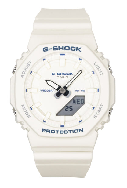 Casio G-Shock Quartz movement Ivory Plastic Male GMA-P2100BA-7A. A brand-new Casio G-Shock watch featuring a Ivory dial and a Plastic strap. Angled view.
