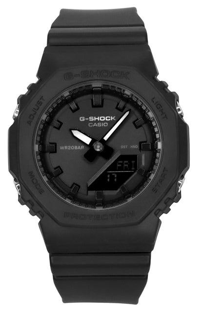 Casio G-Shock Quartz movement Black Plastic Female GMA-P2100BB-1A. A brand-new Casio G-Shock watch featuring a Black dial and a Plastic strap. Side view.