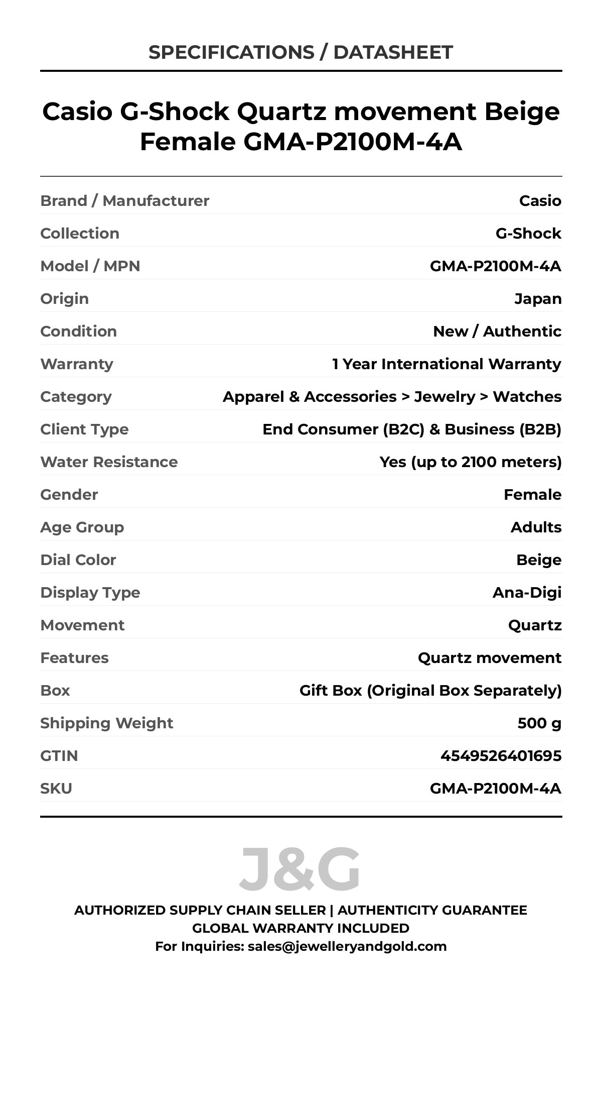 Casio G-Shock Quartz movement Beige Female GMA-P2100M-4A - Specifications