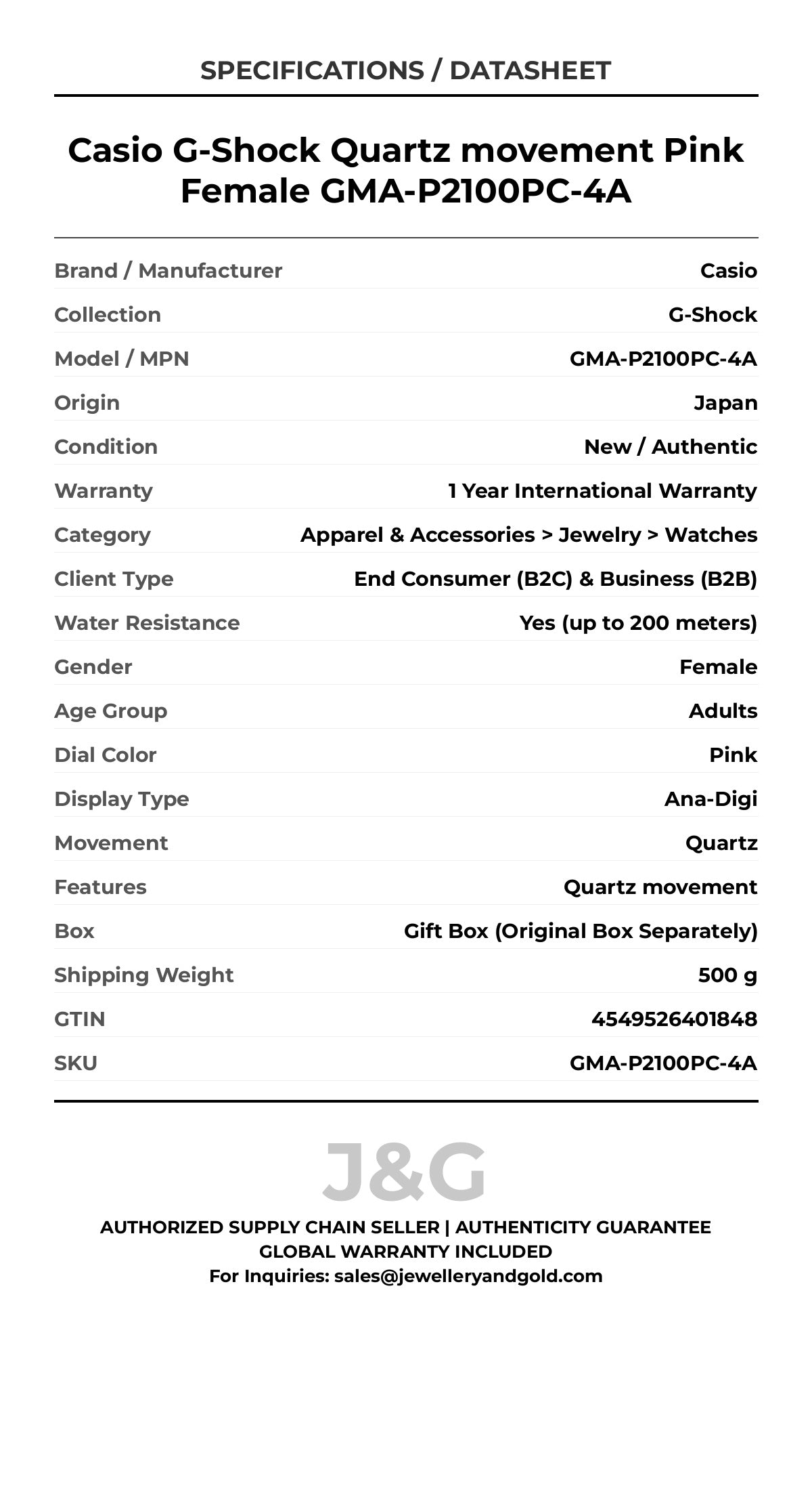 Casio G-Shock Quartz movement Pink Female GMA-P2100PC-4A - Specifications