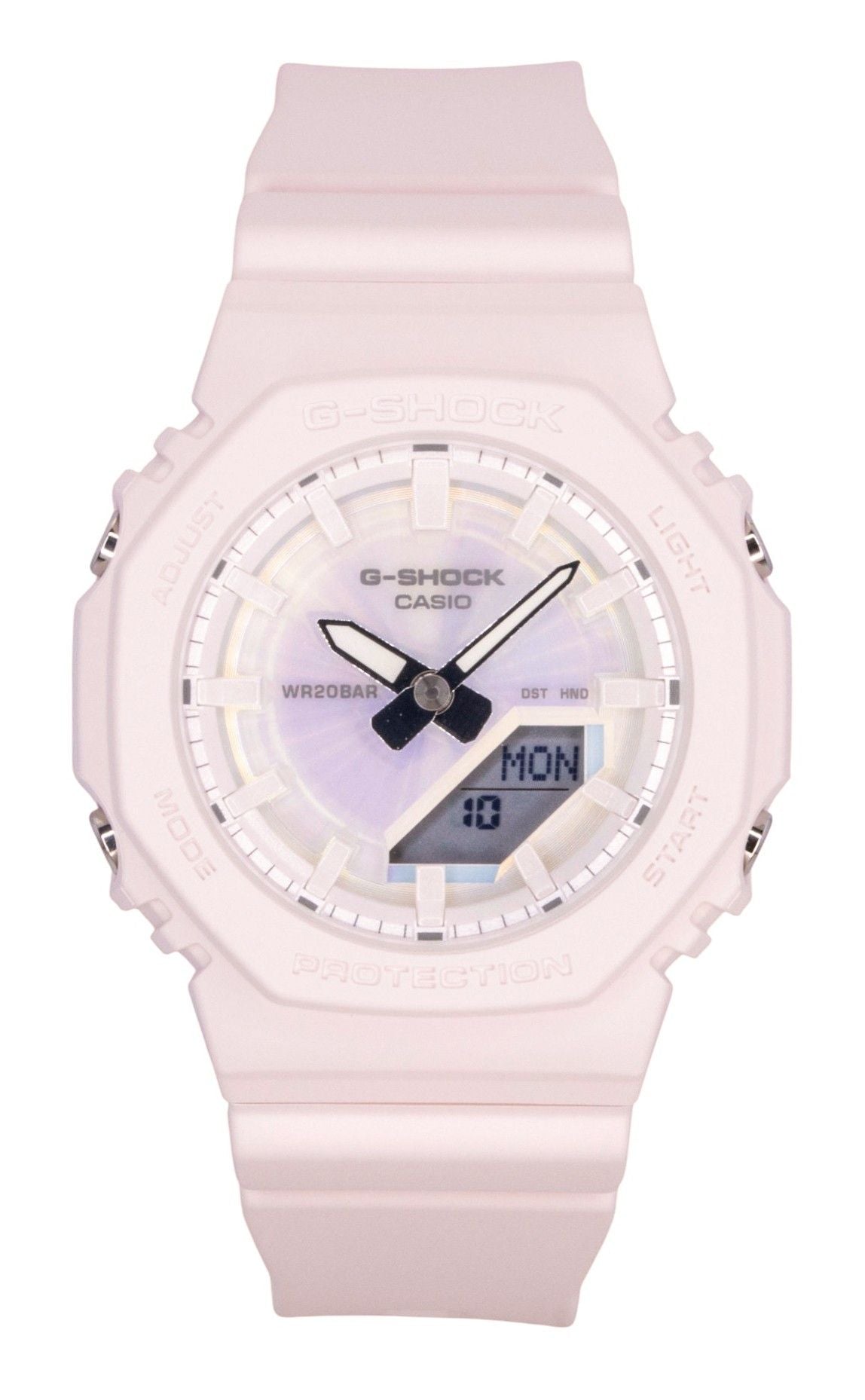Casio G-Shock Quartz movement Pink Female GMA-P2100PC-4A. A brand-new Casio G-Shock watch featuring a Pink dial. Angled view.