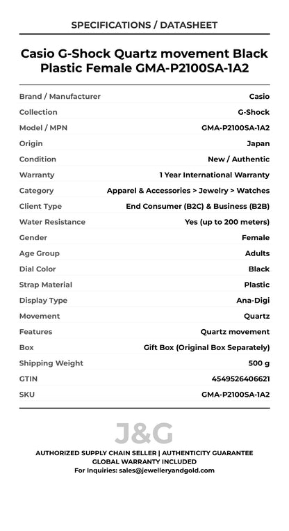 Casio G-Shock Quartz movement Black Plastic Female GMA-P2100SA-1A2 - Specifications