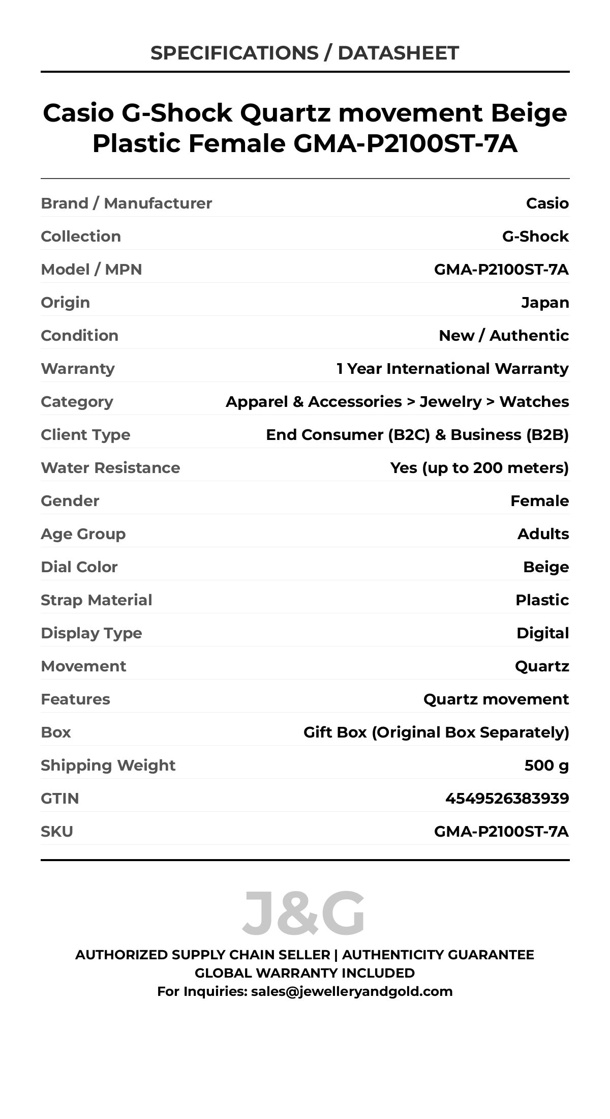 Casio G-Shock Quartz movement Beige Plastic Female GMA-P2100ST-7A - Specifications