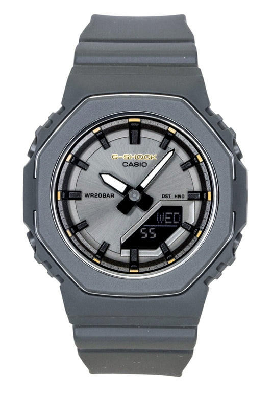 Casio G-Shock Quartz movement Grey Plastic Female GMA-P2126W-8A. A brand-new Casio G-Shock watch featuring a Grey dial and a Plastic strap. Side view.