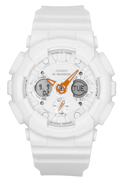 Casio G-Shock Quartz movement White Plastic Female GMA-S120SA-7A1. A brand-new Casio G-Shock watch featuring a White dial and a Plastic strap. Front view.