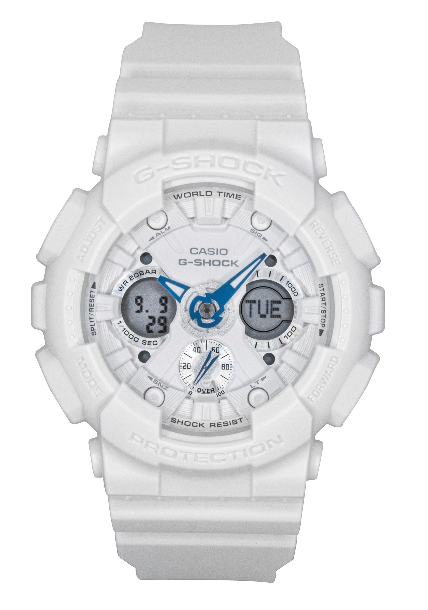 Casio G-Shock Quartz movement White Plastic Female GMA-S120SA-7A2. A brand-new Casio G-Shock watch featuring a White dial and a Plastic strap. Front view.